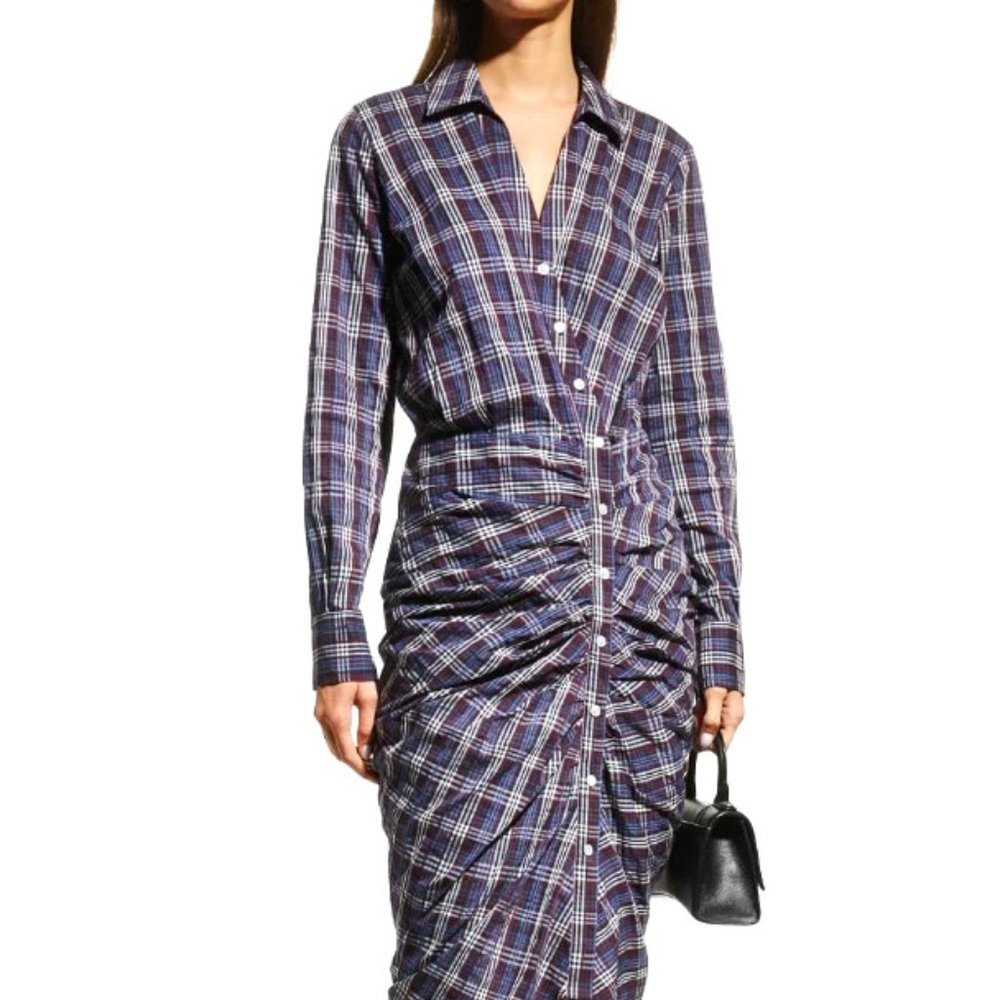 VERONICA BEARD Calvert Plaid Button-Front Ruched Shirtdress Wine Multi sz 10